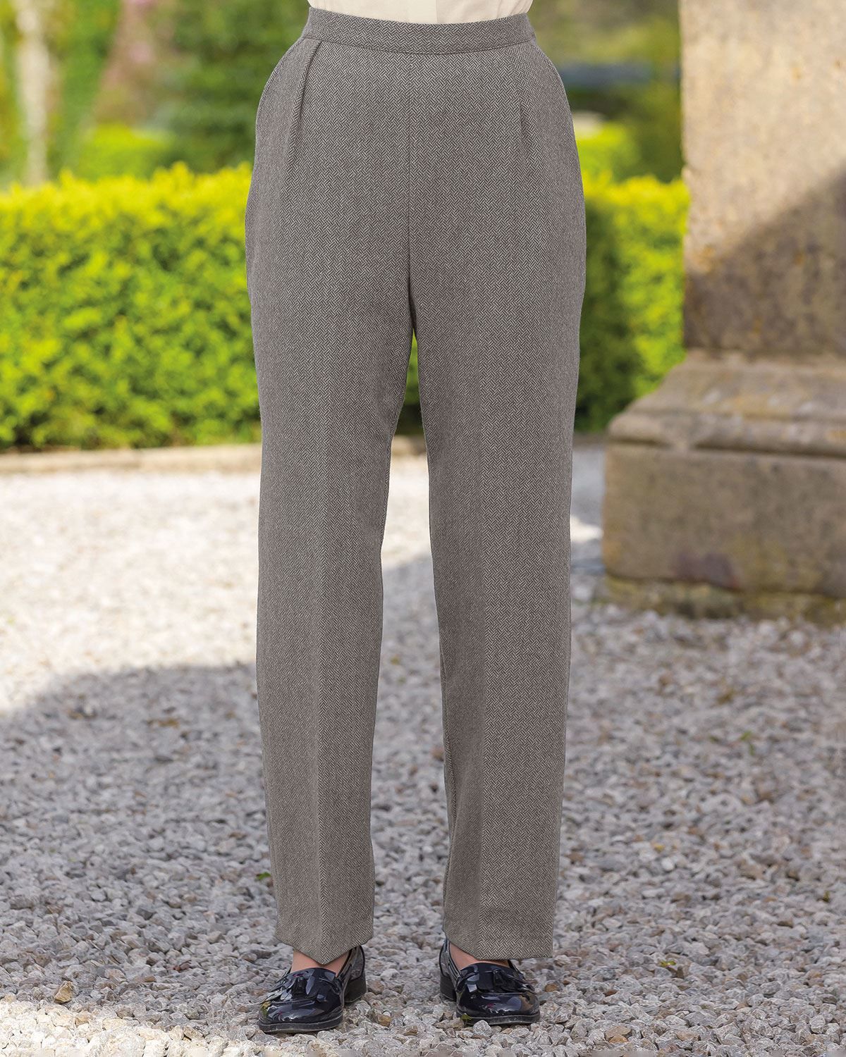Medway Herringbone Pull On Wool Trousers | James Meade